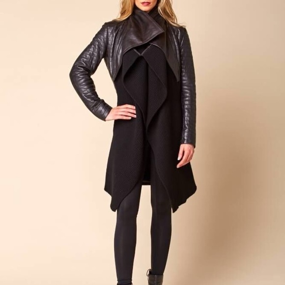 Leather and knit jacket with a leather tie belt